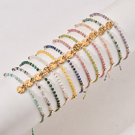 Natural & Synthetic Mixed Stones Braided Bead Bracelet, Adjustable Bracelet with Flat Round Charms