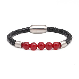 Men's Genuine Leather Bracelet with Red Agate Beads - Exquisite Jewelry