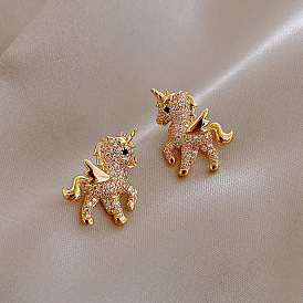 Sparkling Winged Horse Stud Earrings with Unicorn Moon Charm - Fashionable Animal Jewelry