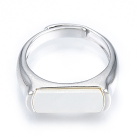 Natural Shell Rectangle Adjustable Ring, Brass Signet Ring for Women, Nickel Free