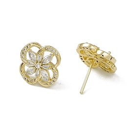 Clear Cubic Zirconia Flower Stud Earrings, Real 18K Gold Plated Brass Jewelry for Women, Lead Free & Cadmium Free
