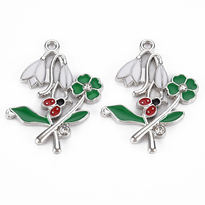 Alloy Pendants, with Enamel and Rhinestone, Platinum, Flower with ladybird