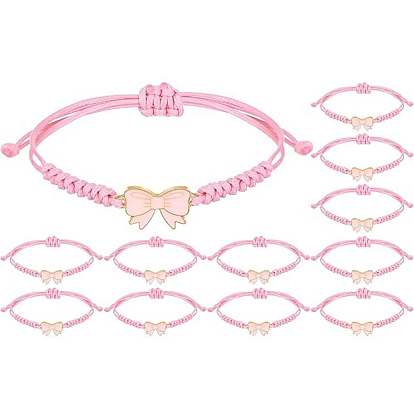 12Pcs Adjustable Waxed Polyester Cord Bracelets, Bowknot, with Alloy Enamel Charms