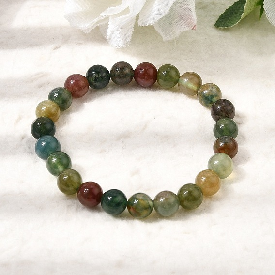 8MM Natural Indian Agate Round Beaded Stretch Bracelets for Women