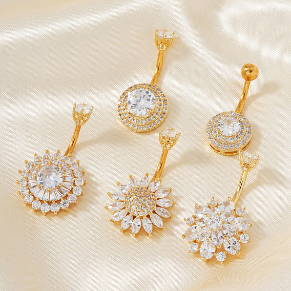 Шикарные плоские круглые цветочные кольца для пупка из латуни, полностью украшенные кристаллами и стразами, изогнутые в форме штанги, с блестящим нежным дизайном