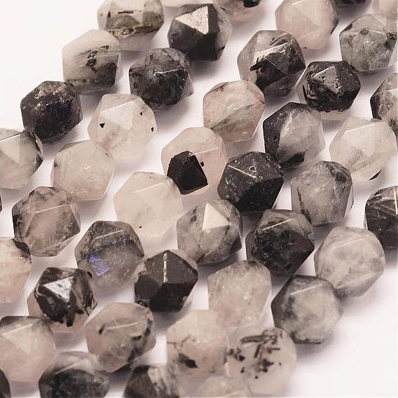 Natural Rutilated Quartz Beads Strands, Star Cut Round Beads, Faceted