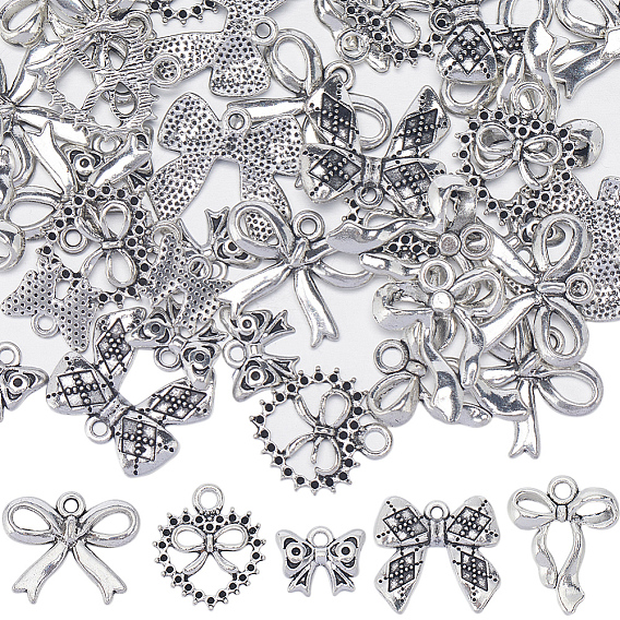 50Pcs 5 Style Tibetan Style Alloy Pendants, Bowknot Charms