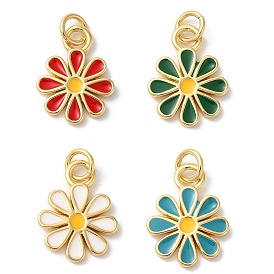 Rack Plating Brass Enamel Pendants, with Jump Ring, Long-Lasting Plated, Cadmium Free & Lead Free, Flower Charm, Real 18K Gold Plated