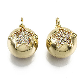 Brass Micro Pave Cubic Zirconia Pendants, with Jump Rings, Nickel Free, Round with Star, Real 16K Gold Plated