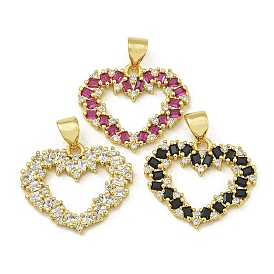 Rack Plating Brass Pave Cubic Zirconia Pendants, Lead Free & Cadmium Free, Real 18K Gold Plated, Heart