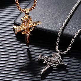 Brass Clear Cubic Zirconia Shiny Dagger Cross Pendant Box Chain Necklaces