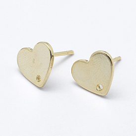 Brass Stud Earring Findings, with Loop and Flat Plate, Steel Pins, Long-Lasting Plated, Nickel Free, Real 18K Gold Plated, Heart