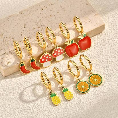 304 Stainless Steel Enamel Hoop Dangle Earrings, Golden