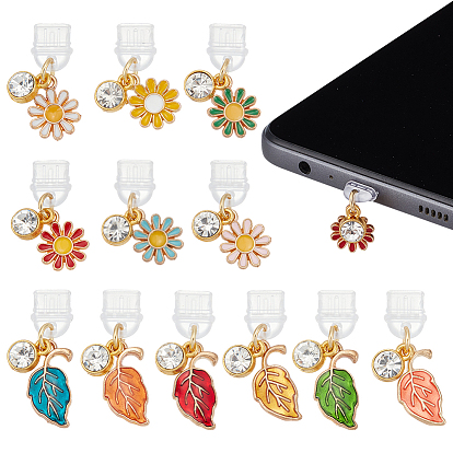 12шт 2 стили пластиковые мобильные пылезащитные заглушки, лист и ромашка, с подвесками из эмали и сплава 