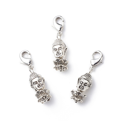 Alloy Buddha's Head & Lotus Pendant Decorations, Lobster Clasp Charms, Clip-on Charms, for Keychain, Purse, Backpack Ornament, Stitch Marker