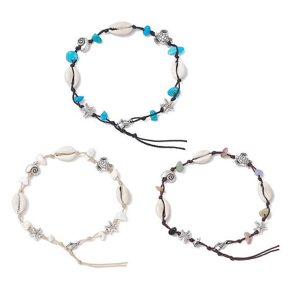 Браслеты на ногу с бусинами из натурального камня, морской звезды и черепахи, ракушки каури, античное серебро