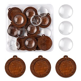 DIY Flat Round Pendant Making Kit, Including Wooden Pendant Cabochon Settings and Dome/Half Round Transparent Glass Cabochons