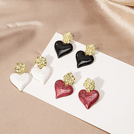 Retro Harbor Style Rose Heart Drop Glaze Earrings for Girls