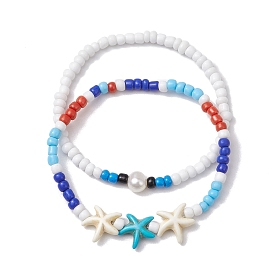 Summer Beach Turtle/Starfish Synthetic Turquoise & Pearl Bracelet Sets, 4mm Round Glass Seed Beaded Stackable Stretch Bracelets for Women