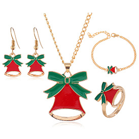 Cartoon Christmas Bell Jewelry Set - Festive Charm Necklace, Earrings, Bracelet & Ring