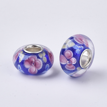 Perles européennes en lampwork faits à la main, fleur intérieure, Perles avec un grand trou   , avec noyaux simples en laiton plaqué couleur argent, rondelle