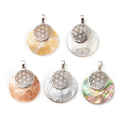 Natural Shell Pendants, Spiritual Charms, with Platinum Tone Brass Findings, Flat Round with Flower of Life/Sacred Geometry