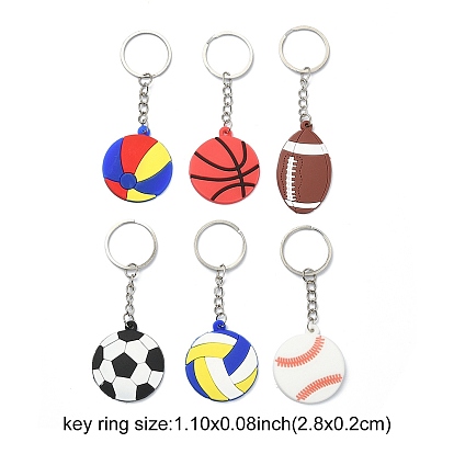 6Pcs 6 Styles PVC Plastic Pendant Keychain, Sports Goods Keychain, with Platinum Plated Iron Split Key Rings