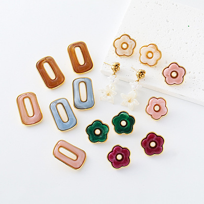 Boucles d'oreilles à clous en résine et acier inoxydable pour femmes, or, avec perle d'imitation