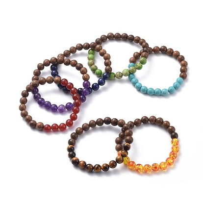 Stretch Bracelets, with Natural & Synthetic Gemstone Beads and Wood Beads, Round