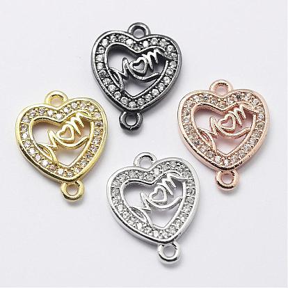 Mother's Day Theme, Brass Micro Pave Cubic Zirconia Links, Heart with Mom, Cadmium Free & Lead Free