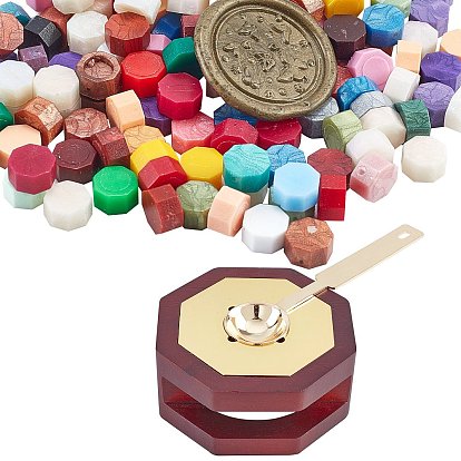 Wax Seal Kit, Including Octagon Wooden Wax Furnace, with Brass Findings, Iron Handle Wax Sealing Stamp Melting Spoon, Sealing Wax Particle
