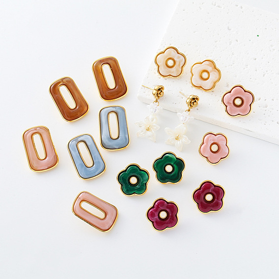 304 Stainless Steel Resin Stud Earrings for Women, Golden, with Imitation Pearl