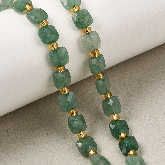 Natural Green Aventurine Beads Strands, Faceted Square, with Seed Beads