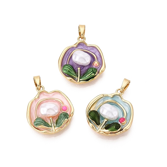Латунь эмаль подвески, плоские круглые и цветочные подвески, с ABS имитации жемчуга, реальный 18 k позолоченный