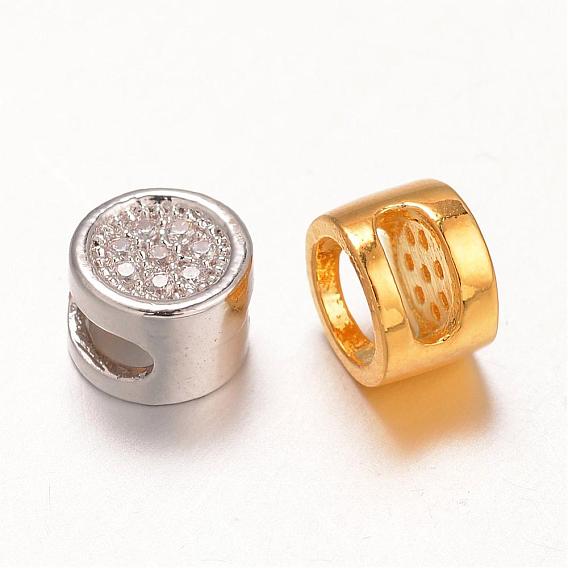 Brass Micro Pave Cubic Zirconia  Slide Charms, Flat Round, 6x4mm, Hole: 2x4mm