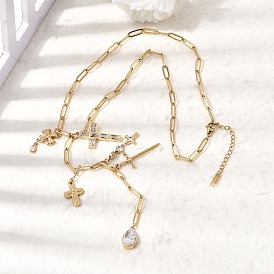 304 Подвеска в виде креста из нержавеющей стали с прозрачными кубическими циркониями, украшенная религиозным крестом в форме капли, и длинное ожерелье-лариата с кисточкой для женщин.