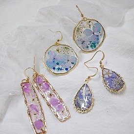 Серьги-подвески из сплава эпоксидной смолы с засушенными цветами, золотые