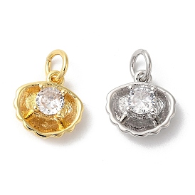 Rack Plating Brass Clear Cubic Zirconia Charms, with Jump Ring, Long-Lasting Plated, Cadmium Free & Lead Free, Sea Shell