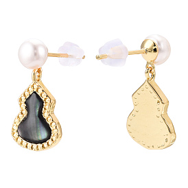 Gourd Natural Black Lip Shell & Pearl Dangle Stud Earrings, Brass Drop Earring with 925 Sterling Silver Pins
