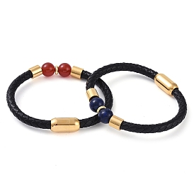 10.5mm Round Natural Stone Bead Bracelets, Braided Leather Cord Bracelets with Ion Plating(IP) Golden Color Tone 304 Stainless Steel Magnetic Clasps, for Men Women