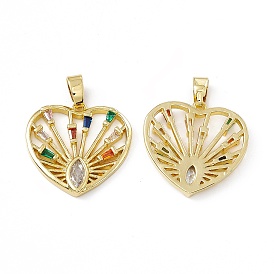 Brass Micro Pave Cubic Zirconia Pendants, with Glass Rhinestone, Real 18K Gold Plated, Heart with Eye Charm