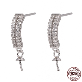 925 Sterling Silver Micro Pave Cubic Zirconia Stud Earring Findings, For Half Drilled Beads
