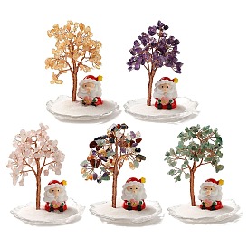 Christmas Natural Gemstone Chips Tree Decorations, Santa Claus Lampwork Base with Copper Wire Feng Shui Energy Stone Gift for Home Office Desktop