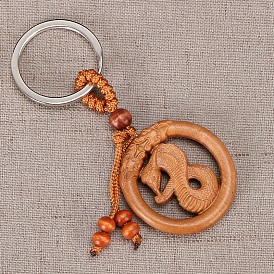 Lucky Peach Wood Chinese Zodiac Carving Snake Keychain, for Bag Car Key Ring Pendant