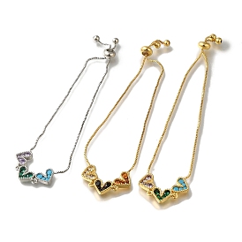 Rack Plating Brass Micro Pave Colorful Cubic Zirconia Box Chain Heart Link Slider Bracelets, Lead Free & Cadmium Free, Long-Lasting Plated