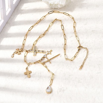 304 Подвеска в виде креста из нержавеющей стали с прозрачными кубическими циркониями, украшенная религиозным крестом в форме капли, и длинное ожерелье-лариата с кисточкой для женщин.