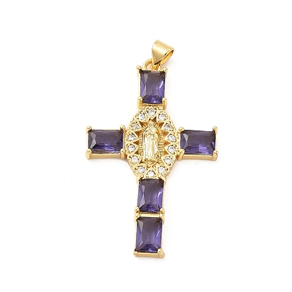 Rack Plating Brass Pendants, with Glass Cubic Zirconia, Religion Cross with Virgin Mary Charm, Cadmium Free & Lead Free, Long-Lasting Plated, Real 18K Gold Plated