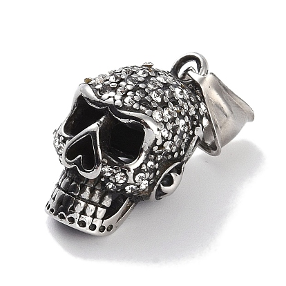 316 Surgical Stainless Steel Pendants, with Rhinestone, Skull Charm, Antique Silver