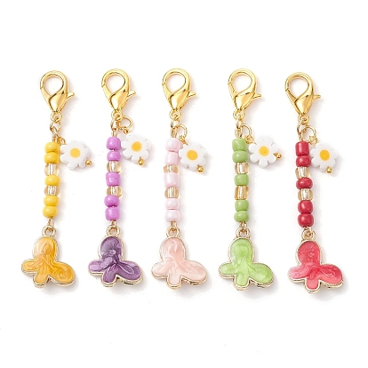 Glass Seed Bead Pendant Decorations, with Alloy Enamel Butterfly Charms
