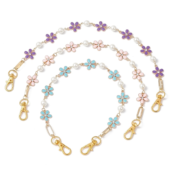 Flower Zinc Alloy Enamel Crystal Rhinestone with Glass Pearl Bead Link Chain Bag Decorative Chains, with Alloy Swivel Clasps, Bag Replacement Accessories, Golden
